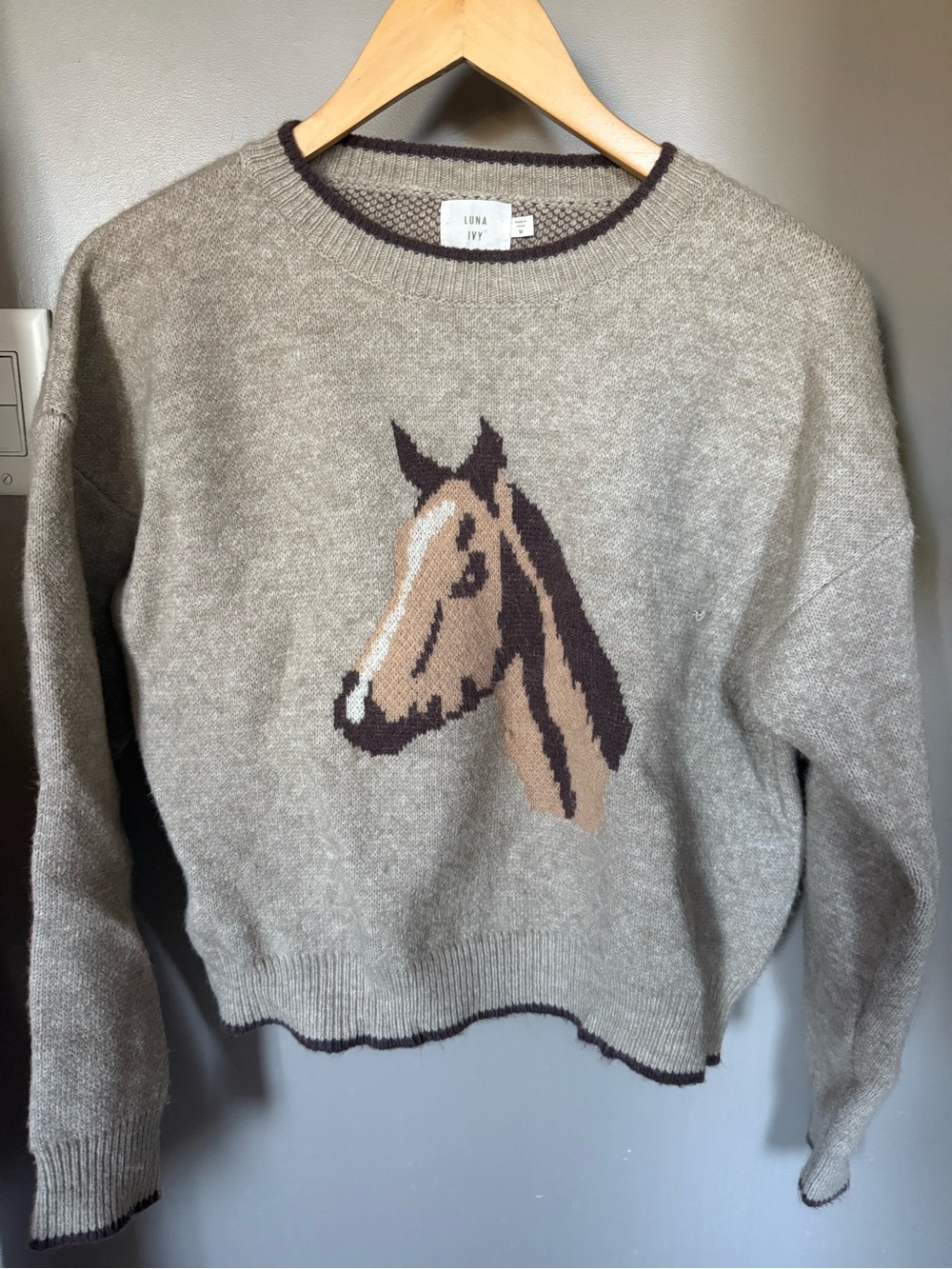 Luna Ivy Taupe Horse-Intarsia Crewneck Sweater